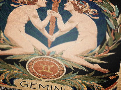 Art Nouveau Zodiac Gemini Woven Fringe Blanket
