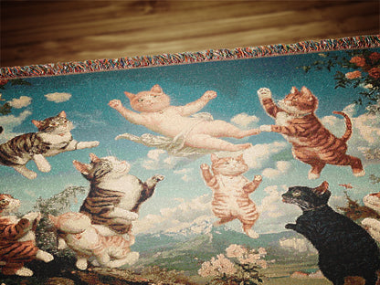 Vintage Cat Cherubs Woven Tapestry | Whimsical Decorative Woven Tapestry | Retro Art Nouveau-Inspired Cat Throw Blanket