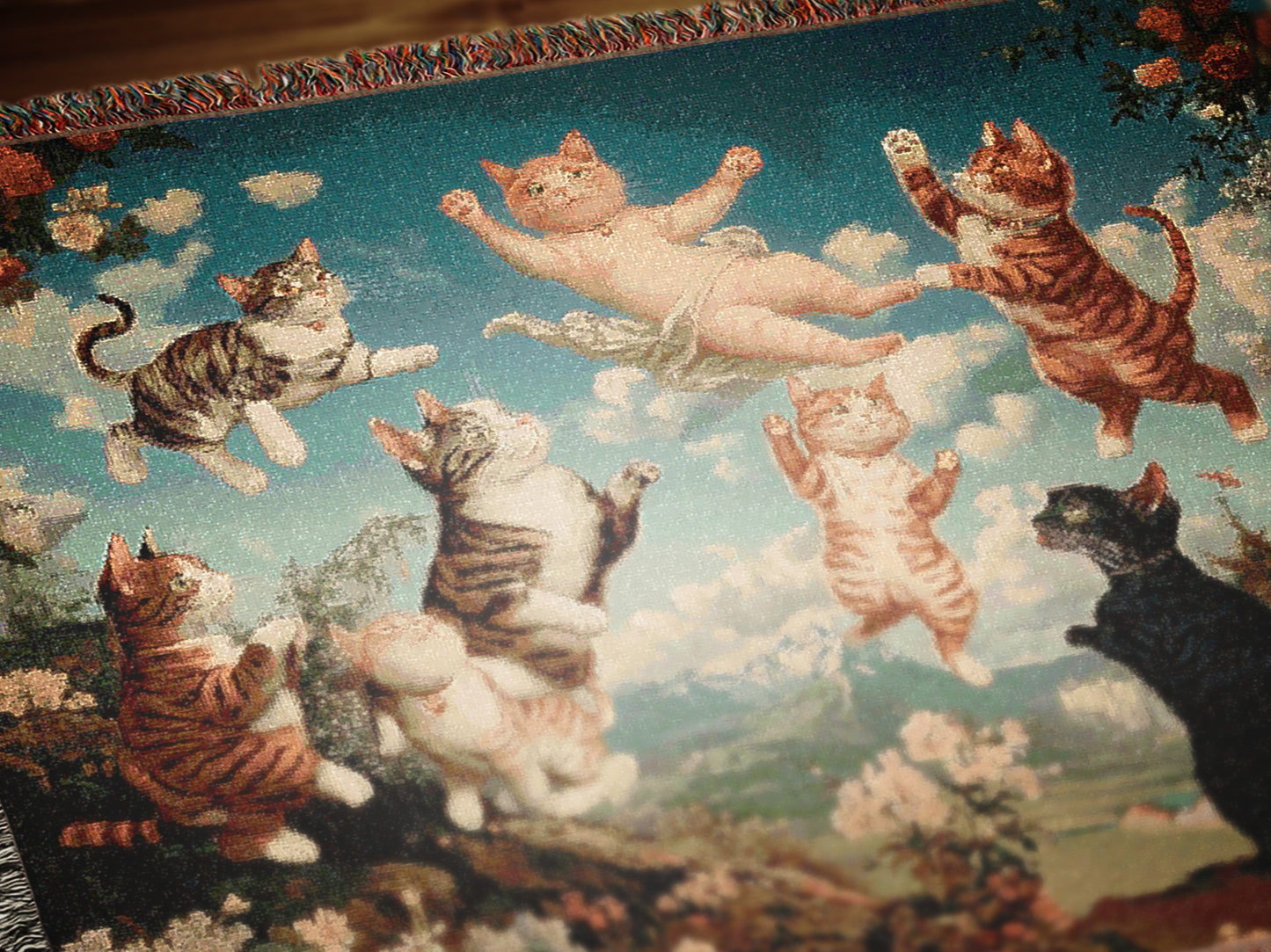 Vintage Cat Cherubs Woven Tapestry | Whimsical Decorative Woven Tapestry | Retro Art Nouveau-Inspired Cat Throw Blanket