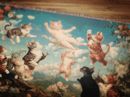Vintage Cat Cherubs Woven Tapestry | Whimsical Decorative Woven Tapestry | Retro Art Nouveau-Inspired Cat Throw Blanket
