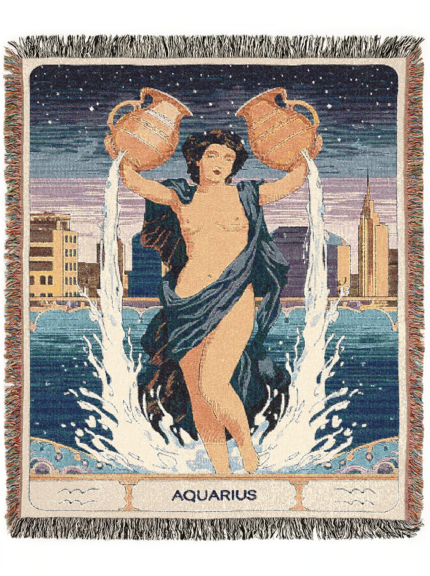 Art Nouveau Zodiac Aquarius Woven Fringe Blanket