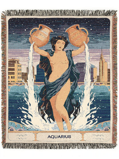 Art Nouveau Zodiac Aquarius Woven Fringe Blanket