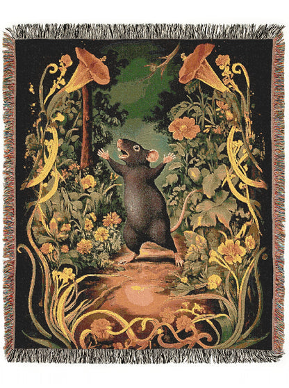 Vintage Victorian Aesthetic Rat Dancing In The Forest, Floral Botanical Woven Tapestry | Whimsical Decorative Throw Blanket