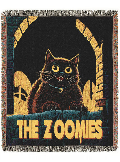 The Zoomies, Playful Black Cat Woven Throw Blanket, Horror Movie Inspired Jacquard Tapestry, Cozy Dark Home Decor, Cat Lover Gift