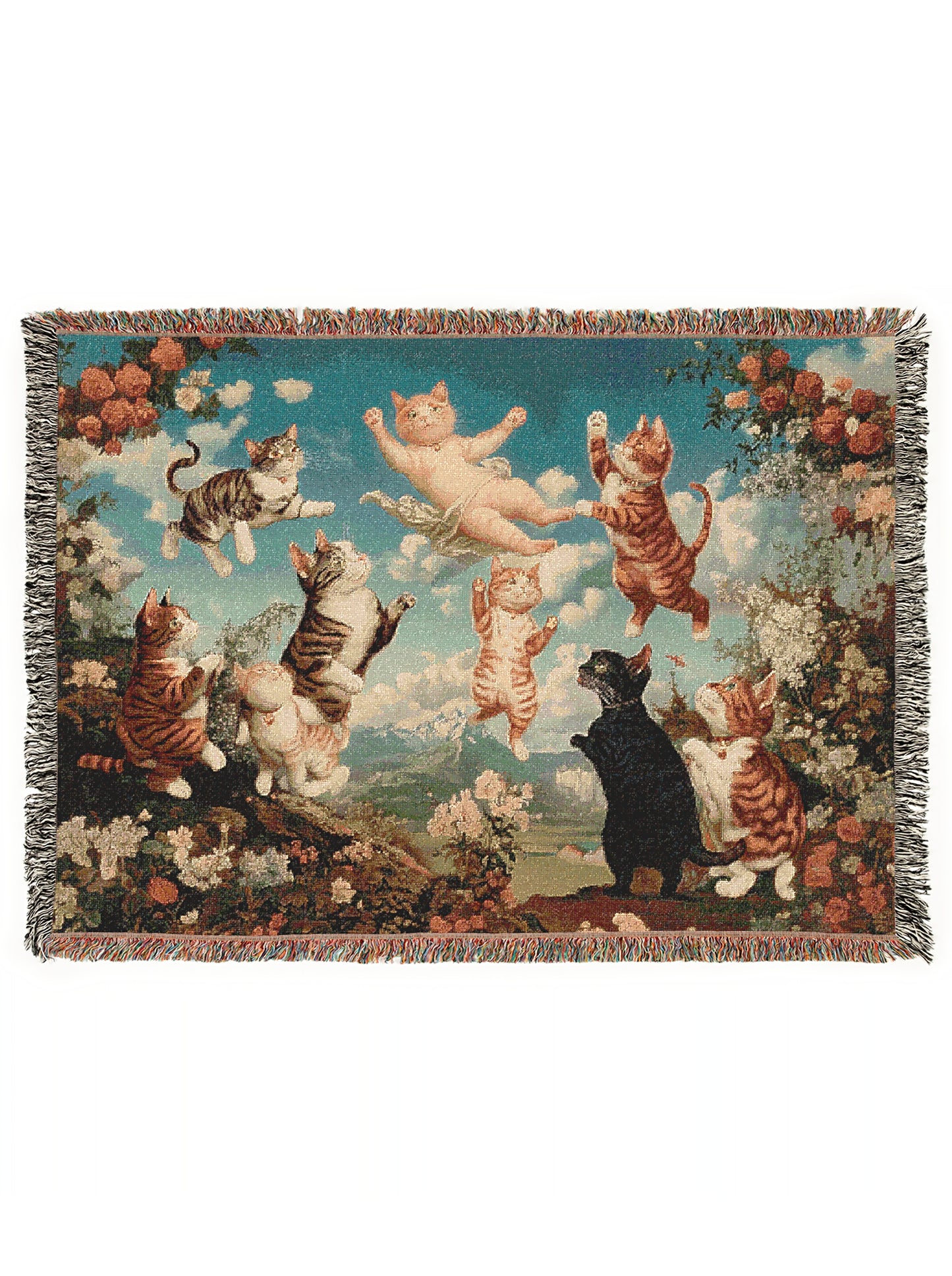 Vintage Cat Cherubs Woven Tapestry | Whimsical Decorative Woven Tapestry | Retro Art Nouveau-Inspired Cat Throw Blanket