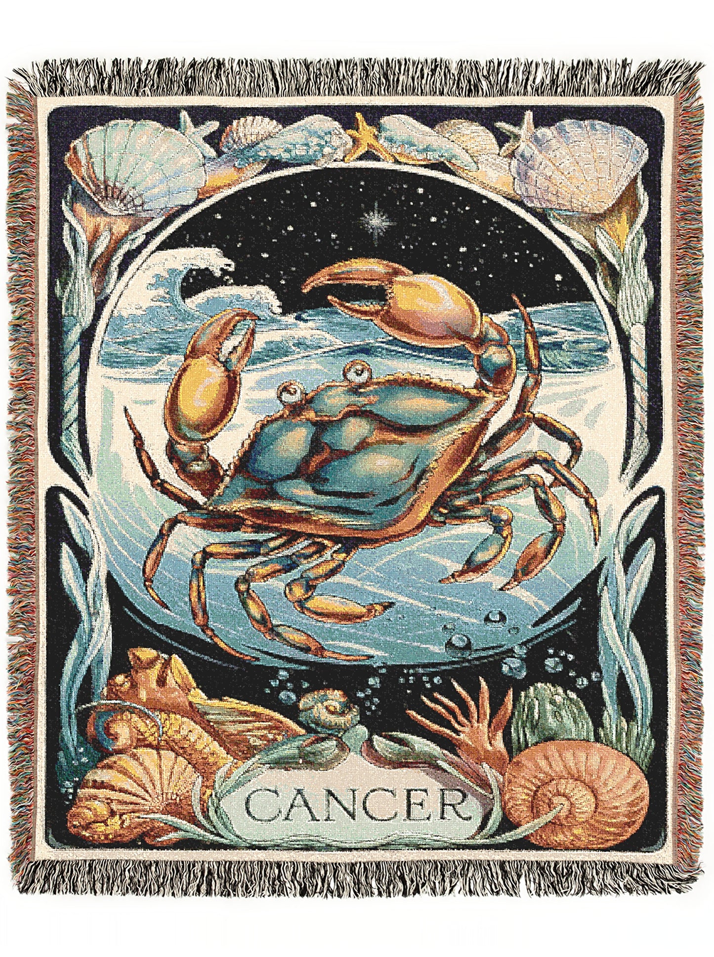 Art Nouveau Zodiac Cancer Woven Fringe Blanket