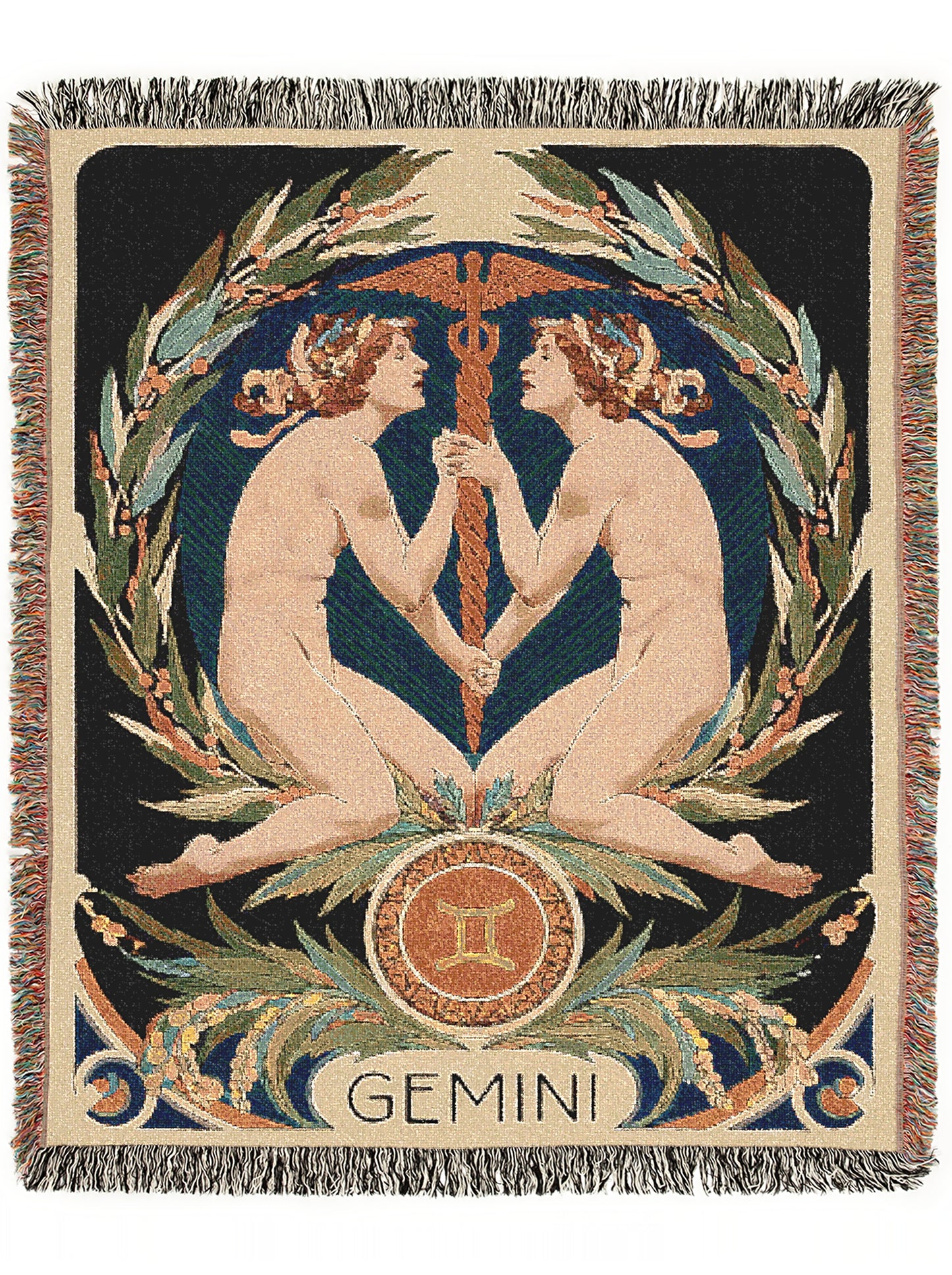 Art Nouveau Zodiac Gemini Woven Fringe Blanket