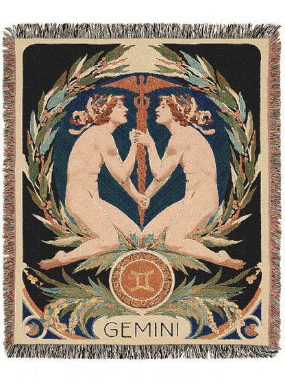 Art Nouveau Zodiac Gemini Woven Fringe Blanket