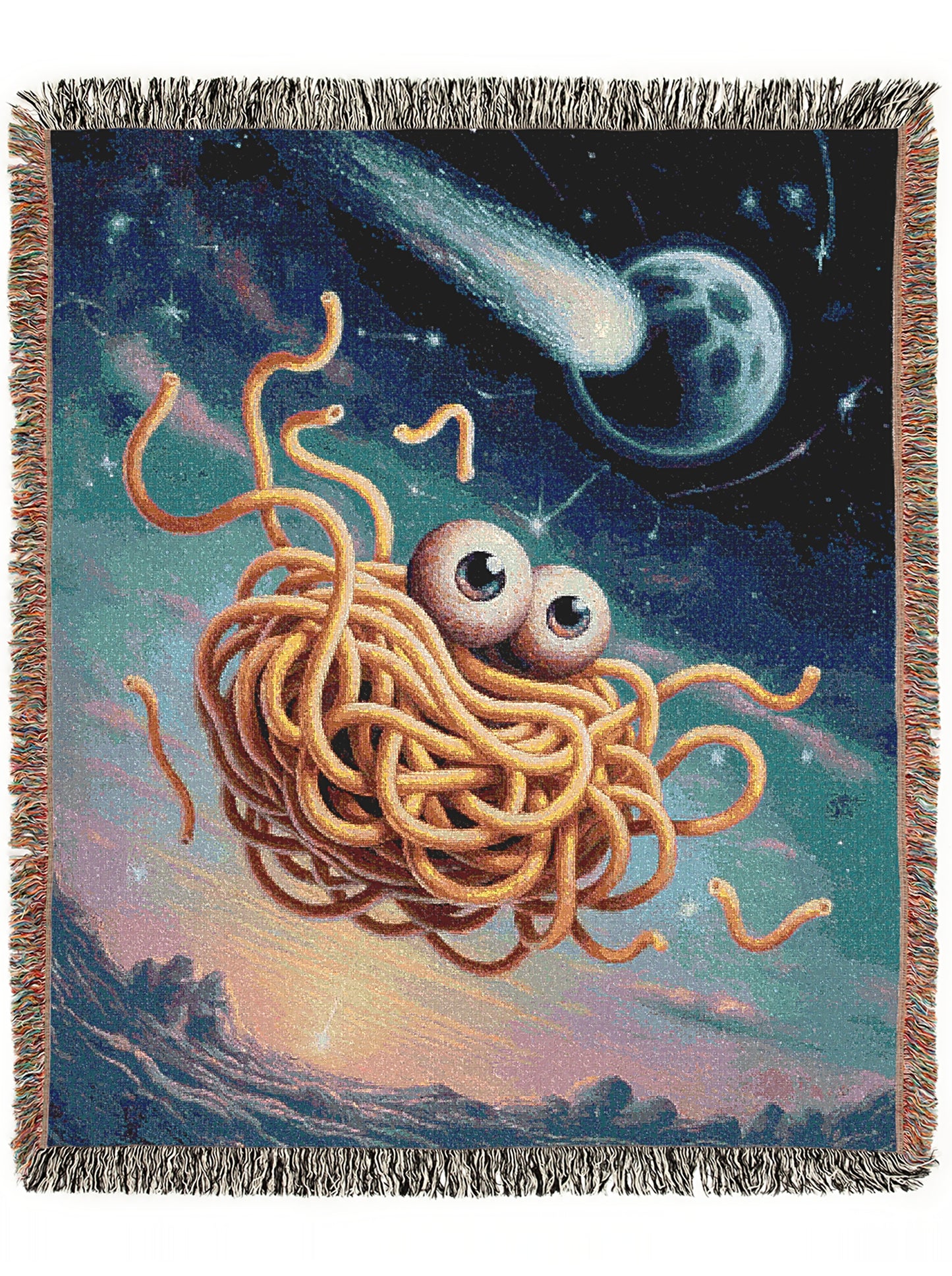 Flying Spaghetti Monster Tapestry Woven Wall Art, Cosmic Space Blanket, Funny Ramen Pasta Noodle Blanket, Whimsical Decor Large Wall Hanging