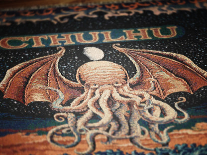 Cthulhu Woven Blanket, Large Wall Tapestry, Cozy Throw for Horror Fans, Jacquard Woven, HP Lovecraft Lovers Home Decor Gift