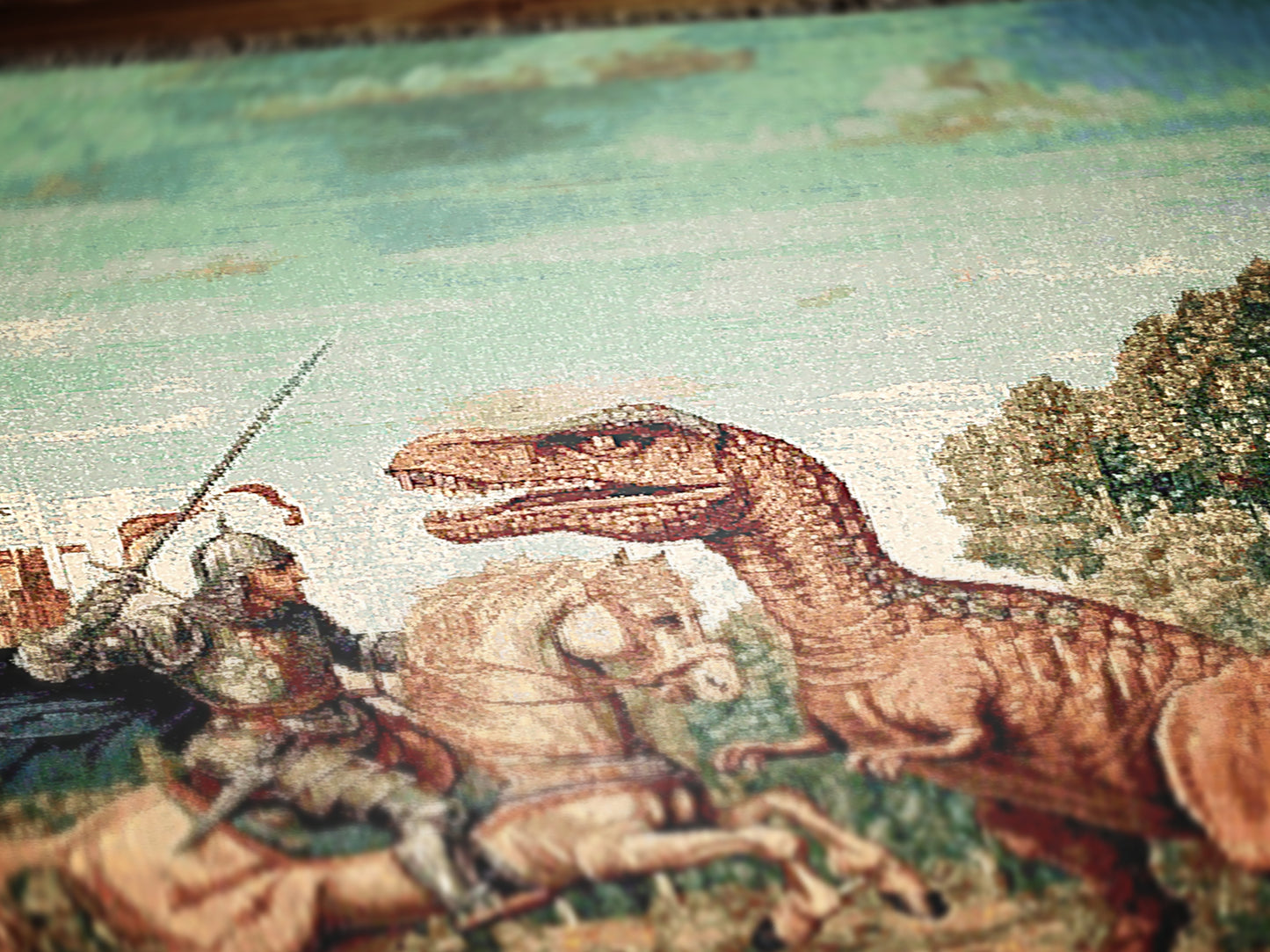 Funny Knight Vs Dinosaur Woven Blanket, Medieval Wall Art, Fantasy Large Wall Tapestry, Renaissance Fair Castlecore Decor, Baby Nursery Gift