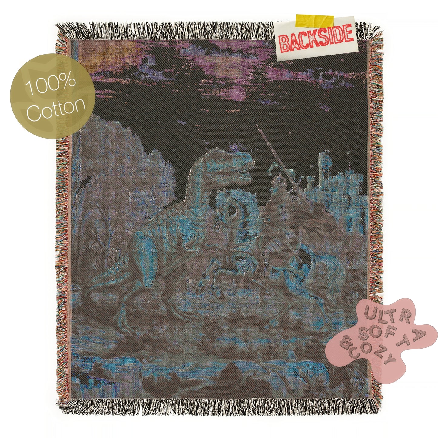 Funny Knight Vs Dinosaur Woven Blanket, Medieval Wall Art, Fantasy Large Wall Tapestry, Renaissance Fair Castlecore Decor, Baby Nursery Gift