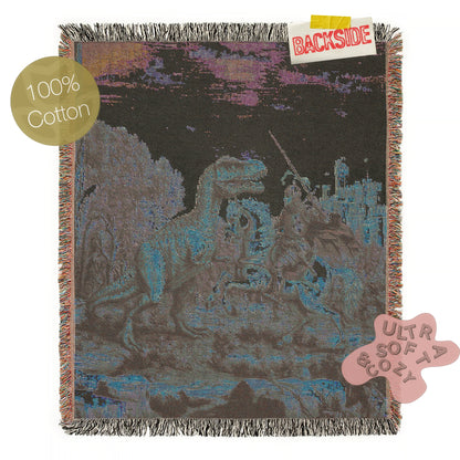 Funny Knight Vs Dinosaur Woven Blanket, Medieval Wall Art, Fantasy Large Wall Tapestry, Renaissance Fair Castlecore Decor, Baby Nursery Gift