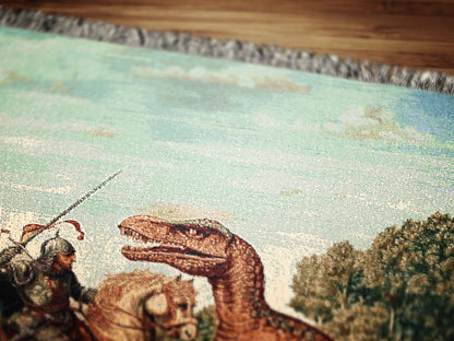 Funny Knight Vs Dinosaur Woven Blanket, Medieval Wall Art, Fantasy Large Wall Tapestry, Renaissance Fair Castlecore Decor, Baby Nursery Gift