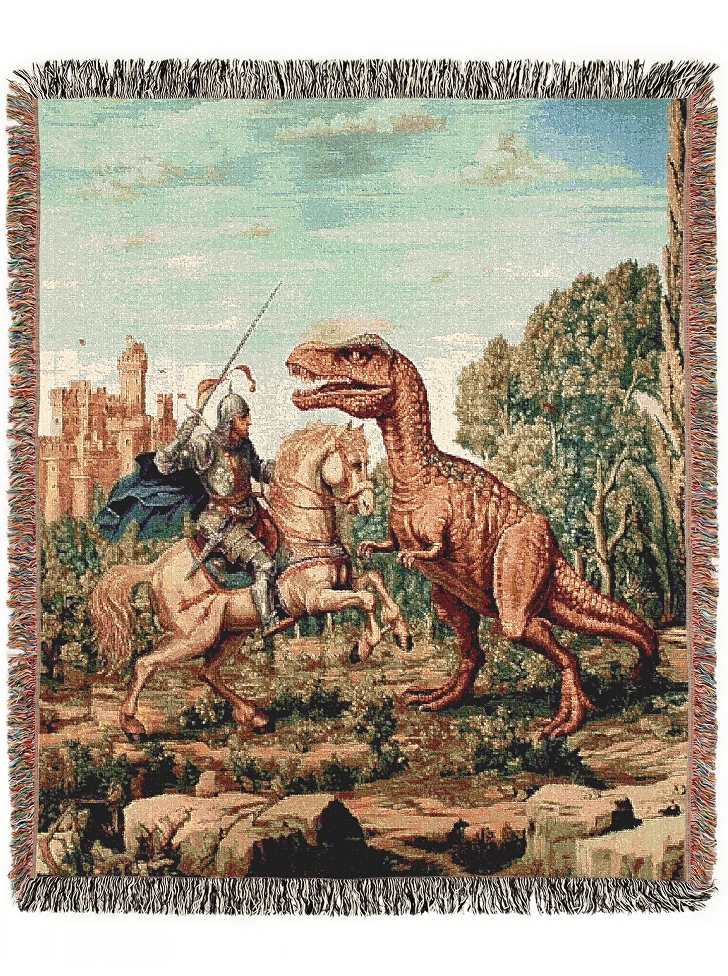 Funny Knight Vs Dinosaur Woven Blanket, Medieval Wall Art, Fantasy Large Wall Tapestry, Renaissance Fair Castlecore Decor, Baby Nursery Gift
