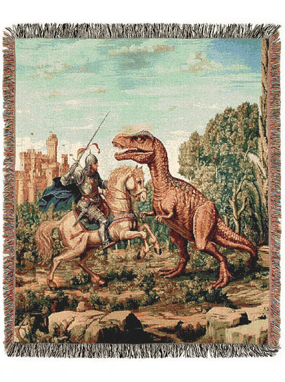 Funny Knight Vs Dinosaur Woven Blanket, Medieval Wall Art, Fantasy Large Wall Tapestry, Renaissance Fair Castlecore Decor, Baby Nursery Gift