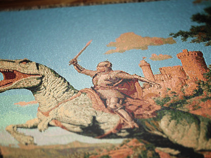 Funny Knight On Dinosaur Woven Blanket, Medieval Wall Art, Fantasy Large Wall Tapestry, Renaissance Fair Castlecore Decor, Baby Nursery Gift