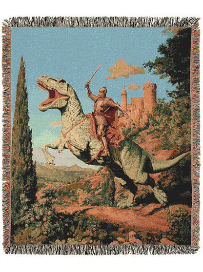 Funny Knight On Dinosaur Woven Blanket, Medieval Wall Art, Fantasy Large Wall Tapestry, Renaissance Fair Castlecore Decor, Baby Nursery Gift