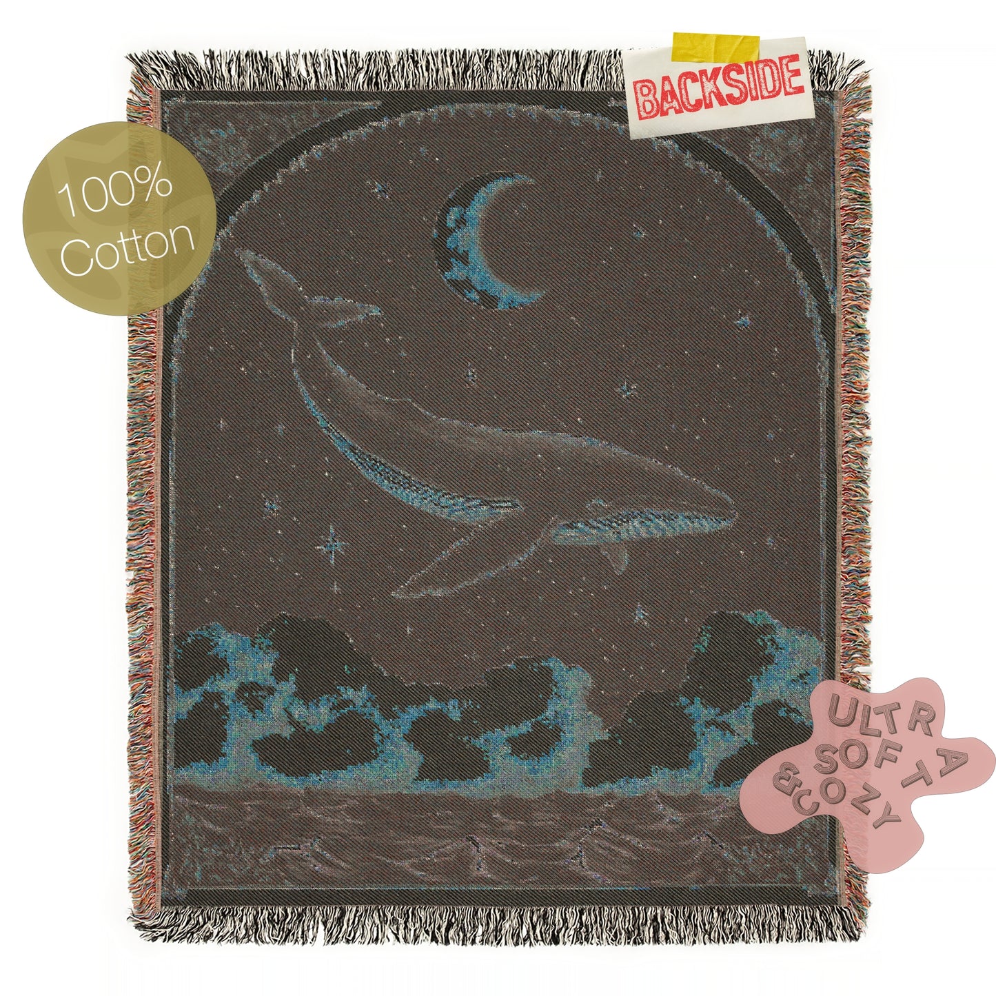 Celestial Whale Woven Blanket Large Tapestry, Whimsigoth Decor Antique Woven Wall Art Tapestry, Boho Throw, Sun Moon Picnic Blanket