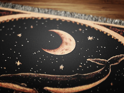 Celestial Whale Woven Blanket Large Tapestry, Whimsigoth Decor Antique Woven Wall Art Tapestry, Boho Throw, Sun Moon Picnic Blanket