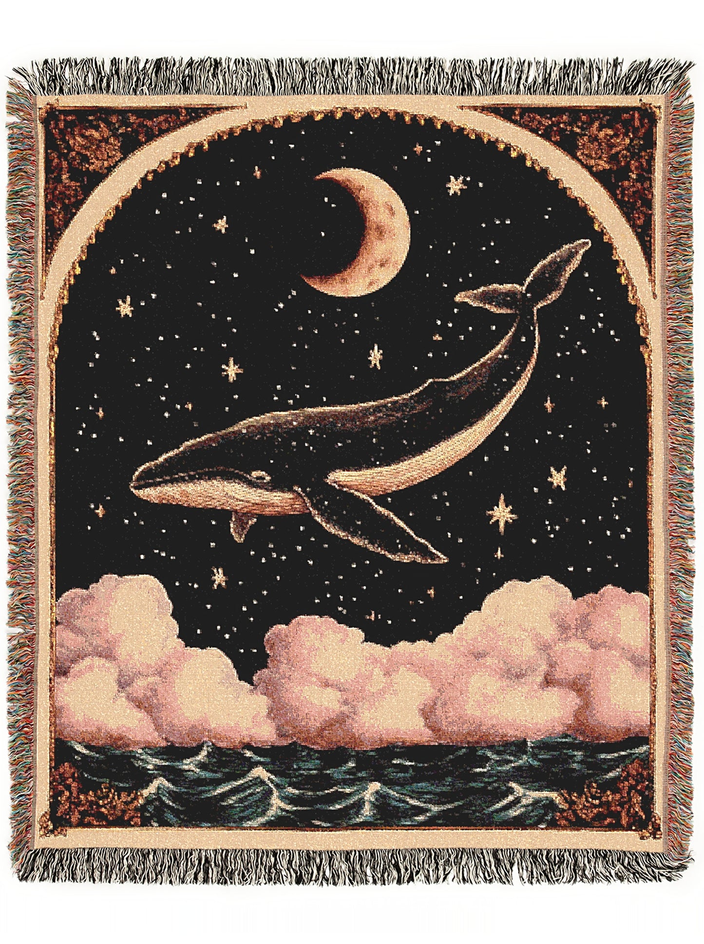 Celestial Whale Woven Blanket Large Tapestry, Whimsigoth Decor Antique Woven Wall Art Tapestry, Boho Throw, Sun Moon Picnic Blanket