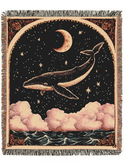Celestial Whale Woven Blanket Large Tapestry, Whimsigoth Decor Antique Woven Wall Art Tapestry, Boho Throw, Sun Moon Picnic Blanket