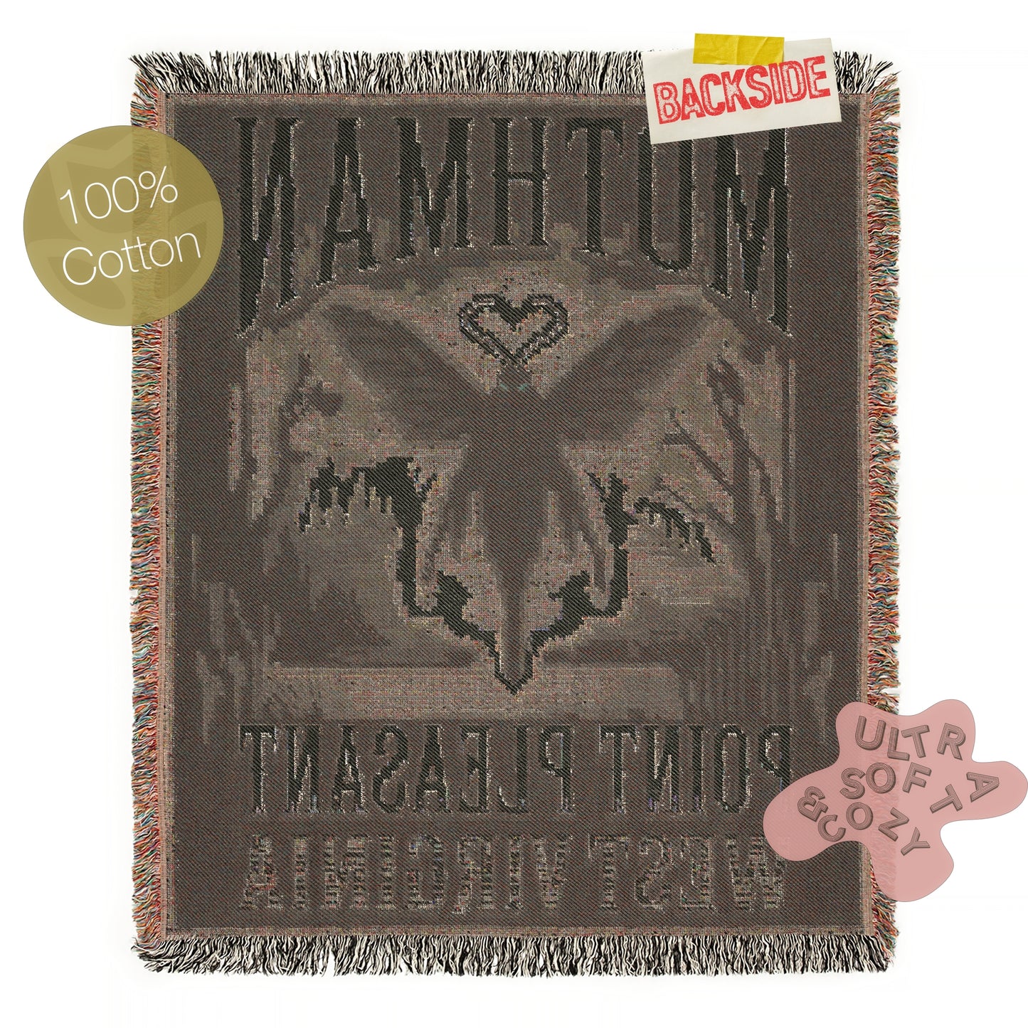 Retro Blue Mothman Jacquard Woven Blanket, Point Pleasant West Virginia Cryptid Throw, Spooky Monster Decor, Cryptozoology Gift