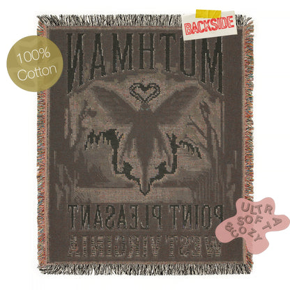 Retro Blue Mothman Jacquard Woven Blanket, Point Pleasant West Virginia Cryptid Throw, Spooky Monster Decor, Cryptozoology Gift