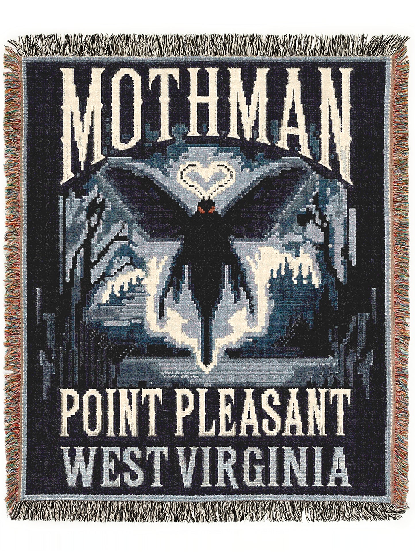 Retro Blue Mothman Jacquard Woven Blanket, Point Pleasant West Virginia Cryptid Throw, Spooky Monster Decor, Cryptozoology Gift