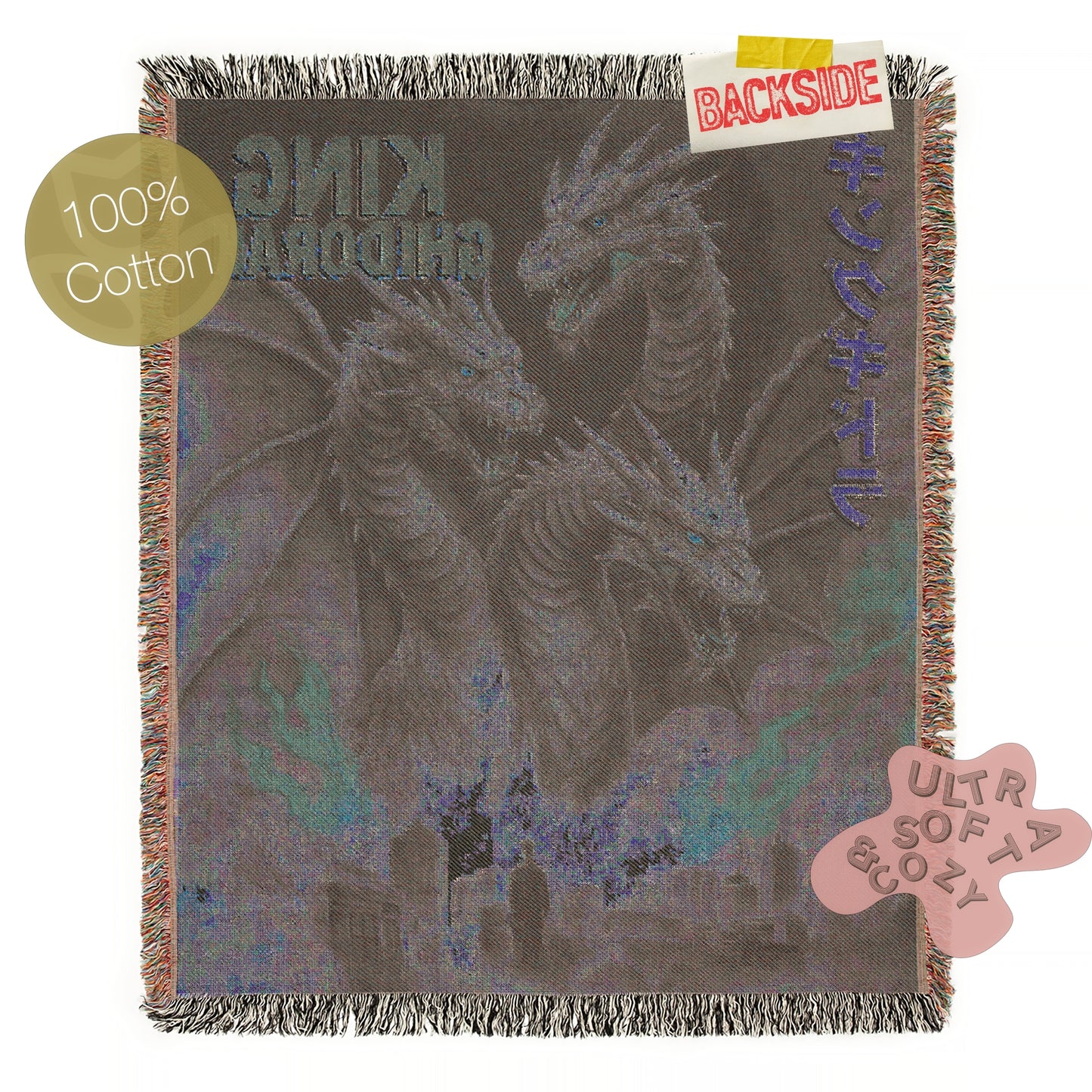 King Ghidorah Blanket, Japanese Woven Wall Art, Large Tokusatsu Fantasy Woven Throw, Gamera Poster Throw, Kaiju Picnic Blanket