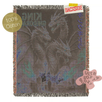King Ghidorah Blanket, Japanese Woven Wall Art, Large Tokusatsu Fantasy Woven Throw, Gamera Poster Throw, Kaiju Picnic Blanket