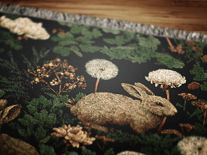 Botanical Rabbit Woven Throw Blanket, Antique Floral Forest Wall Art, Large Wall Tapestry, Whimsigoth Nature Decor, Medieval Bunny Tapestry