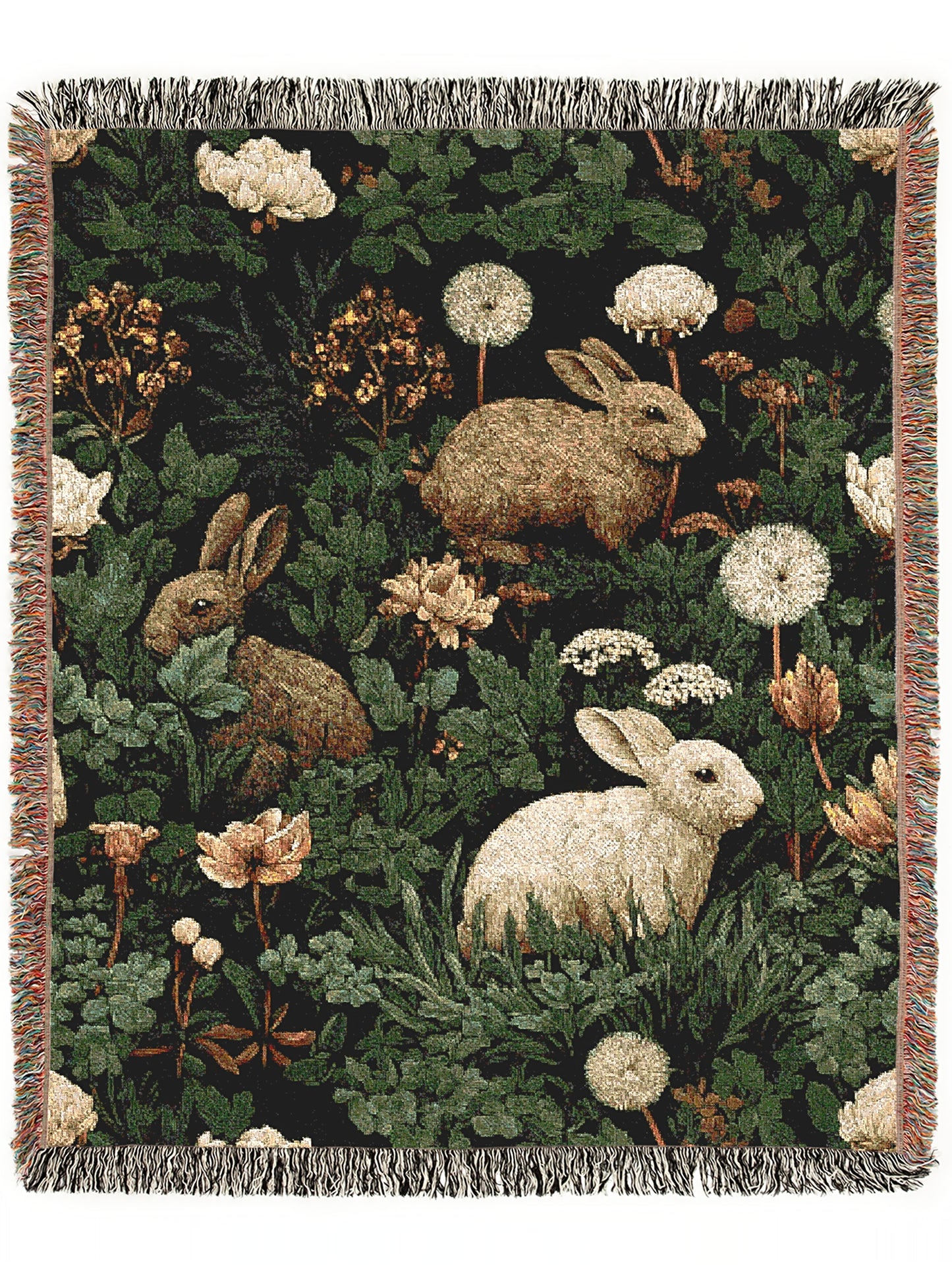 Botanical Rabbit Woven Throw Blanket, Antique Floral Forest Wall Art, Large Wall Tapestry, Whimsigoth Nature Decor, Medieval Bunny Tapestry
