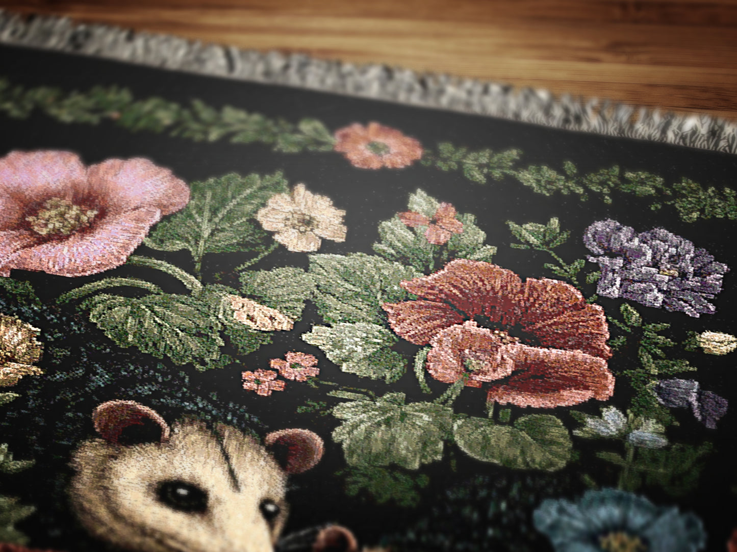 Possum Tapestry Blanket, Cottagecore Home Decor, Floral Botanical Woven Wall Hanging, Large Wall Tapestry, Opposum Picnic Blanket