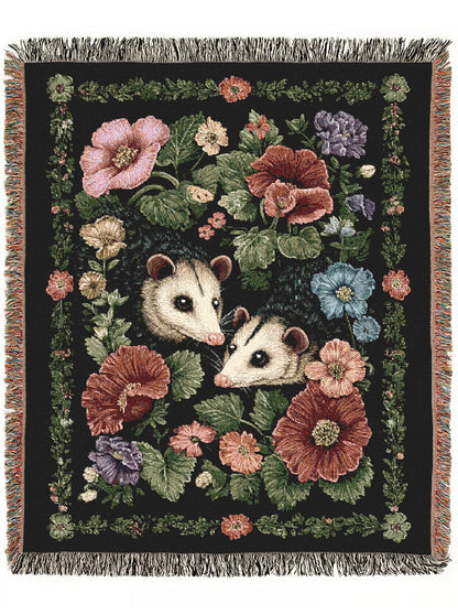 Possum Tapestry Blanket, Cottagecore Home Decor, Floral Botanical Woven Wall Hanging, Large Wall Tapestry, Opposum Picnic Blanket