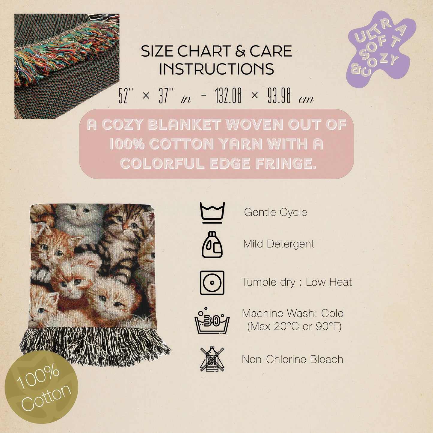 Cat Throw Blanket, Cottagecore Cute Kitten Print, Whimsical Grandmacore Kitsch Home Decor, Woven Large Tapestry, Cozy Cat Lover Gift