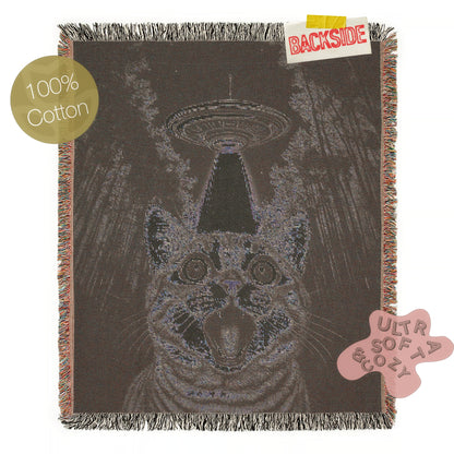 UFO Cat Abduction, Jacquard Woven Blanket, UFO Cat Selfie Funny Tapestry, Alien Home Wall Hanging Decor, Cat Lover Gifts