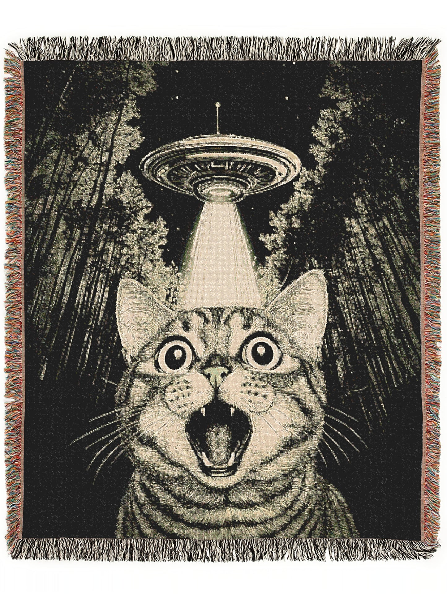 UFO Cat Abduction, Jacquard Woven Blanket, UFO Cat Selfie Funny Tapestry, Alien Home Wall Hanging Decor, Cat Lover Gifts