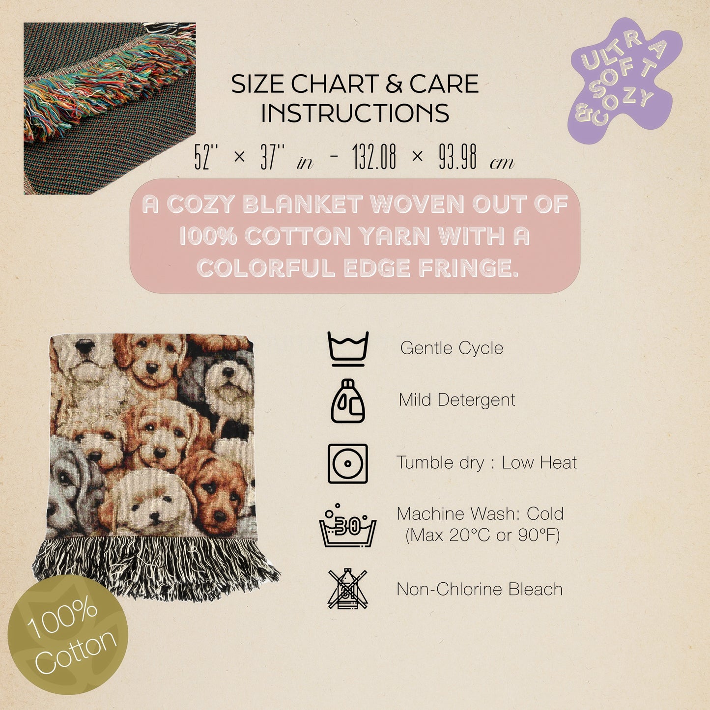 Dogs Throw Blanket, Cottagecore Cute Puppies Print, Whimsical Grandmacore Kitsch Home Decor, Woven Large Tapestry, Cozy Dog Lover Gift