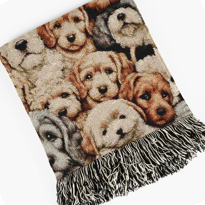 Dogs Throw Blanket, Cottagecore Cute Puppies Print, Whimsical Grandmacore Kitsch Home Decor, Woven Large Tapestry, Cozy Dog Lover Gift