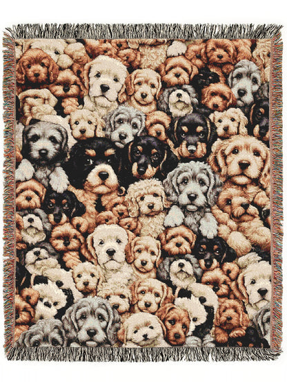Dogs Throw Blanket, Cottagecore Cute Puppies Print, Whimsical Grandmacore Kitsch Home Decor, Woven Large Tapestry, Cozy Dog Lover Gift