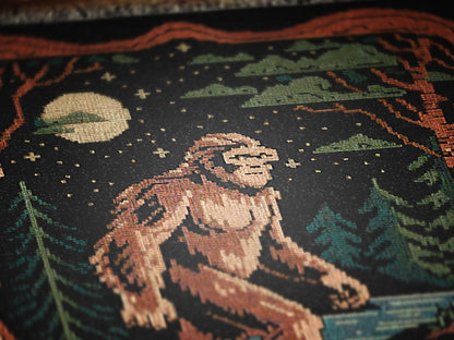 Bigfoot Jacquard Woven Blanket, Retro Cross Stitch Inspired Cryptid Throw Tapestry, Spooky Sasquatch Monster Decor, Cryptozoology Gift