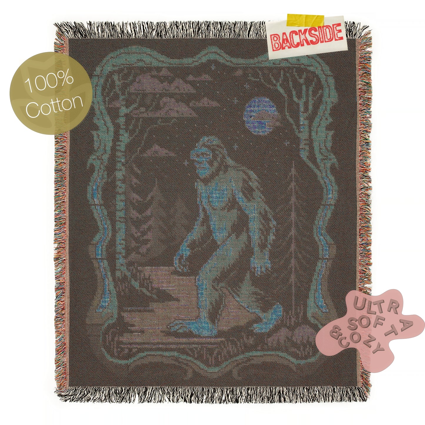 Bigfoot Jacquard Woven Blanket, Retro Cross Stitch Inspired Cryptid Throw Tapestry, Spooky Sasquatch Monster Decor, Cryptozoology Gift