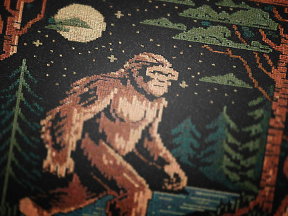 Bigfoot Jacquard Woven Blanket, Retro Cross Stitch Inspired Cryptid Throw Tapestry, Spooky Sasquatch Monster Decor, Cryptozoology Gift