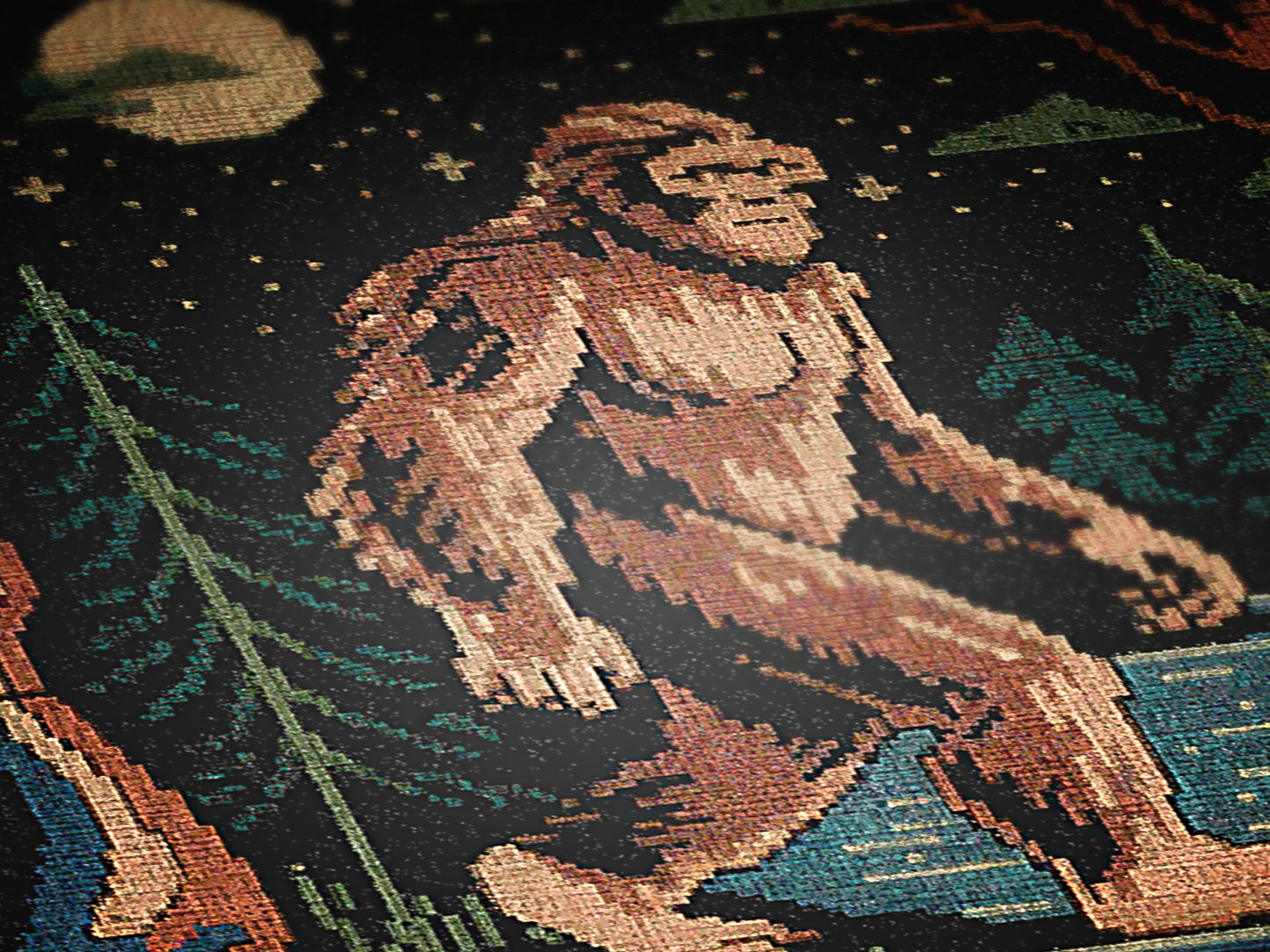 Bigfoot Jacquard Woven Blanket, Retro Cross Stitch Inspired Cryptid Throw Tapestry, Spooky Sasquatch Monster Decor, Cryptozoology Gift