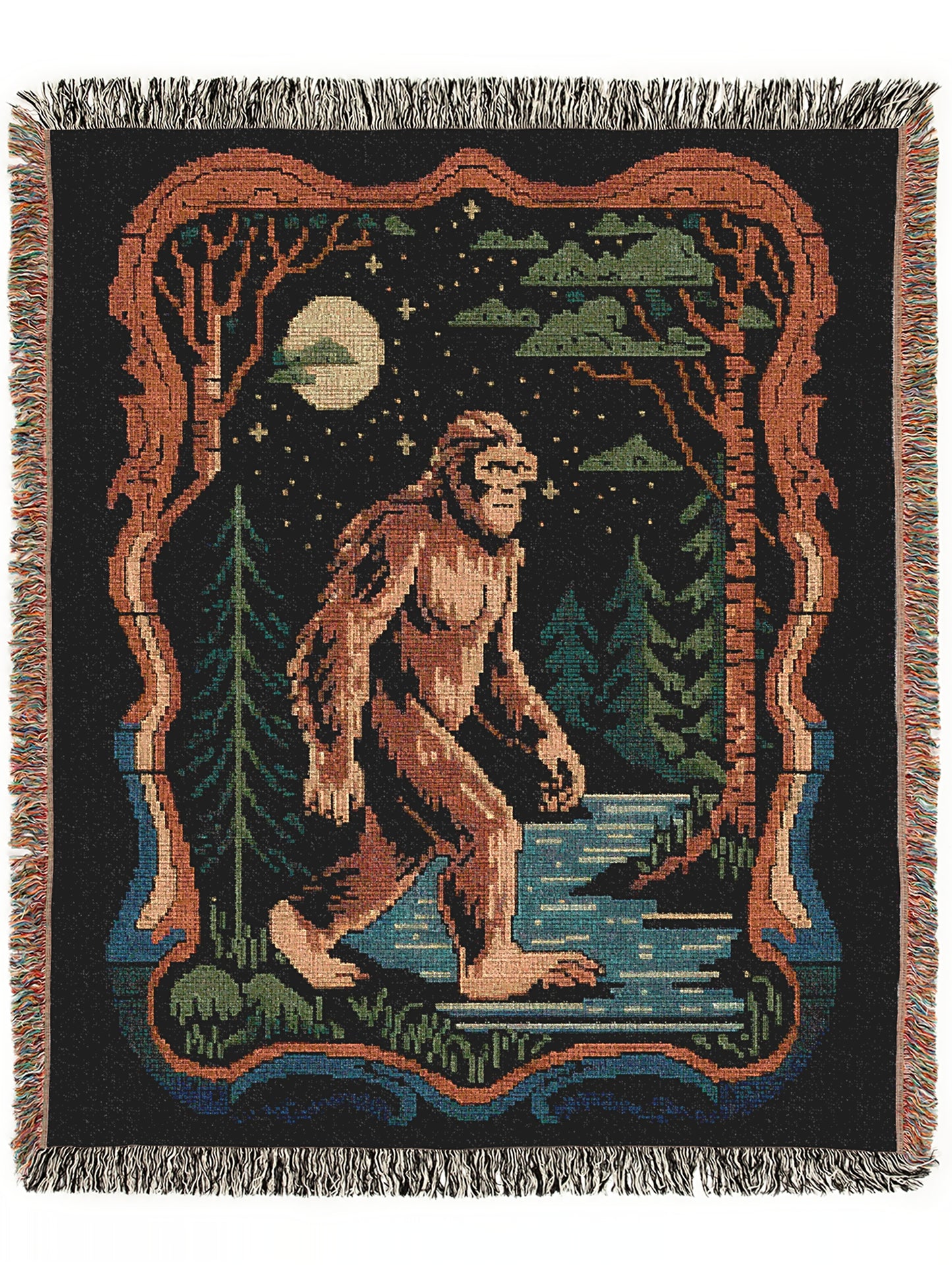 Bigfoot Jacquard Woven Blanket, Retro Cross Stitch Inspired Cryptid Throw Tapestry, Spooky Sasquatch Monster Decor, Cryptozoology Gift