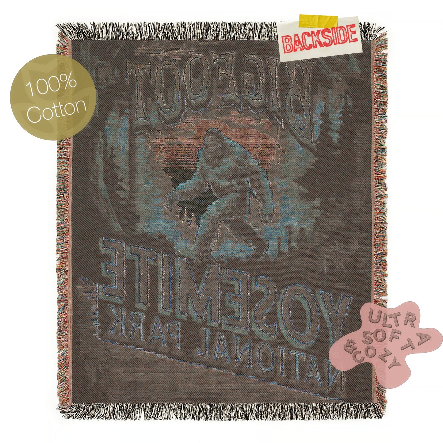 Jacquard Woven Bigfoot Blanket, Retro Sasquatch Cross Stitch Inspired Cryptid Cotton Tapestry, Spooky Monster Decor, Cryptozoology Gift