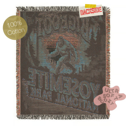 Jacquard Woven Bigfoot Blanket, Retro Sasquatch Cross Stitch Inspired Cryptid Cotton Tapestry, Spooky Monster Decor, Cryptozoology Gift