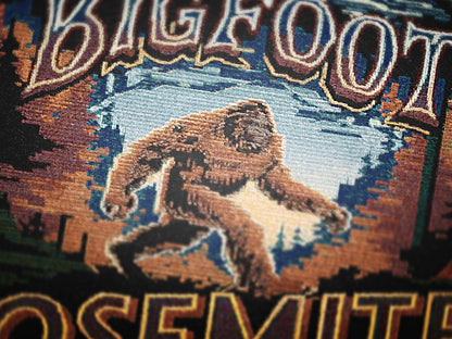 Jacquard Woven Bigfoot Blanket, Retro Sasquatch Cross Stitch Inspired Cryptid Cotton Tapestry, Spooky Monster Decor, Cryptozoology Gift