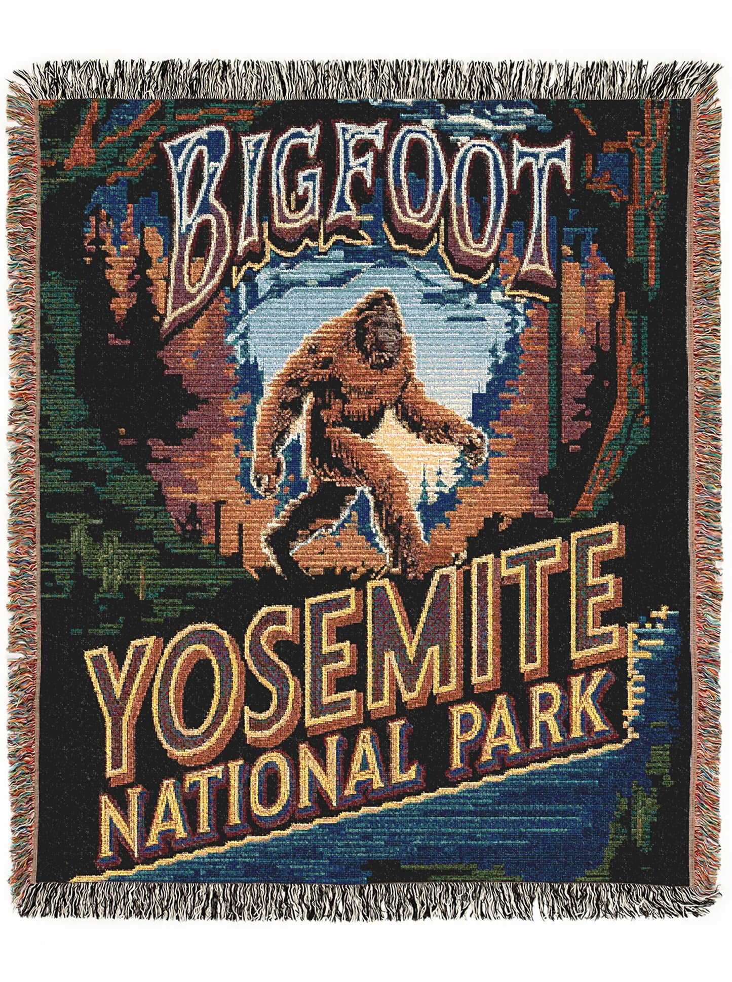 Jacquard Woven Bigfoot Blanket, Retro Sasquatch Cross Stitch Inspired Cryptid Cotton Tapestry, Spooky Monster Decor, Cryptozoology Gift